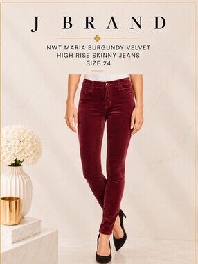 Burgundy J Brand Maria Velvet High Rise Skinny Jeans Pants 24 🔥